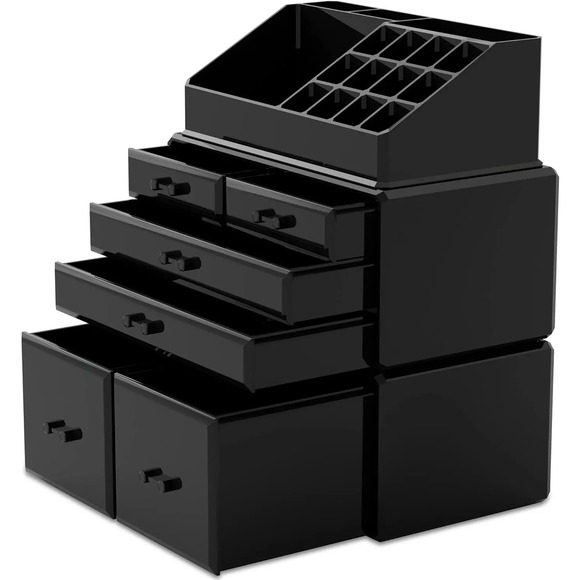 Makeup Organizer 3 Pieces Cosmetic Storage Case with 6 Drawers (Black) - Picture 2 of 6